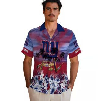 NFL Football New York Giants Aloha Shirt, Blue Tropical Canoe Hawaiian Shirt