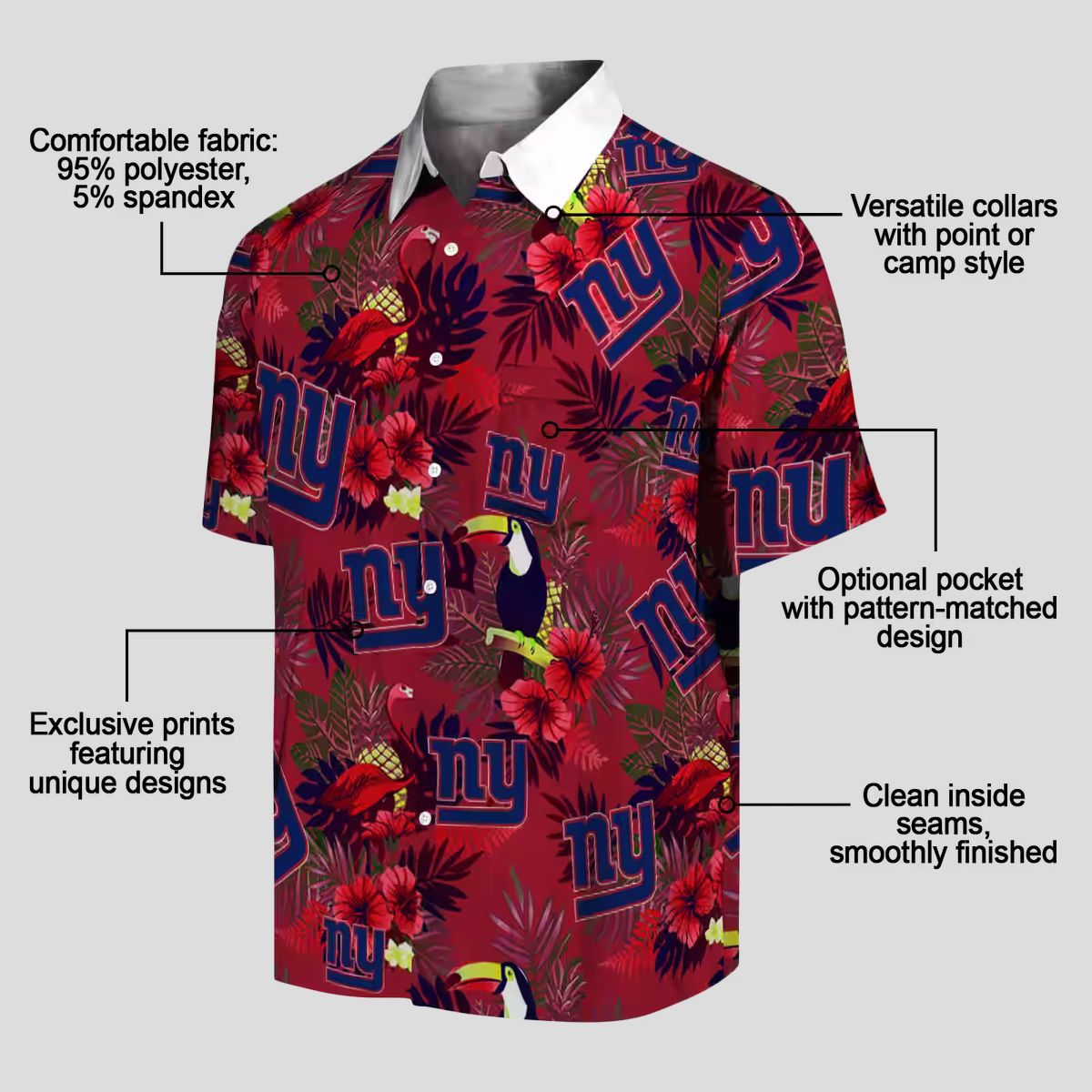NFL New York Giants Blue Red Hawaiian Shirt, Palm Floral Toucan Summer Vacation Wear