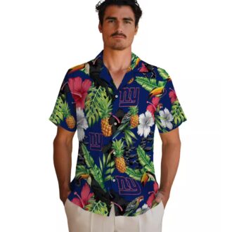 NFL Team New York Giants Hawaiian Shirt - Blue Green Floral Toucan Pineapple Print