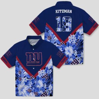 Personalized New York Giants Hawaiian Shirt, Blue Chevron Floral NFL Fanwear