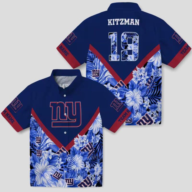 Personalized New York Giants Hawaiian Shirt, Blue Chevron Floral NFL Fanwear