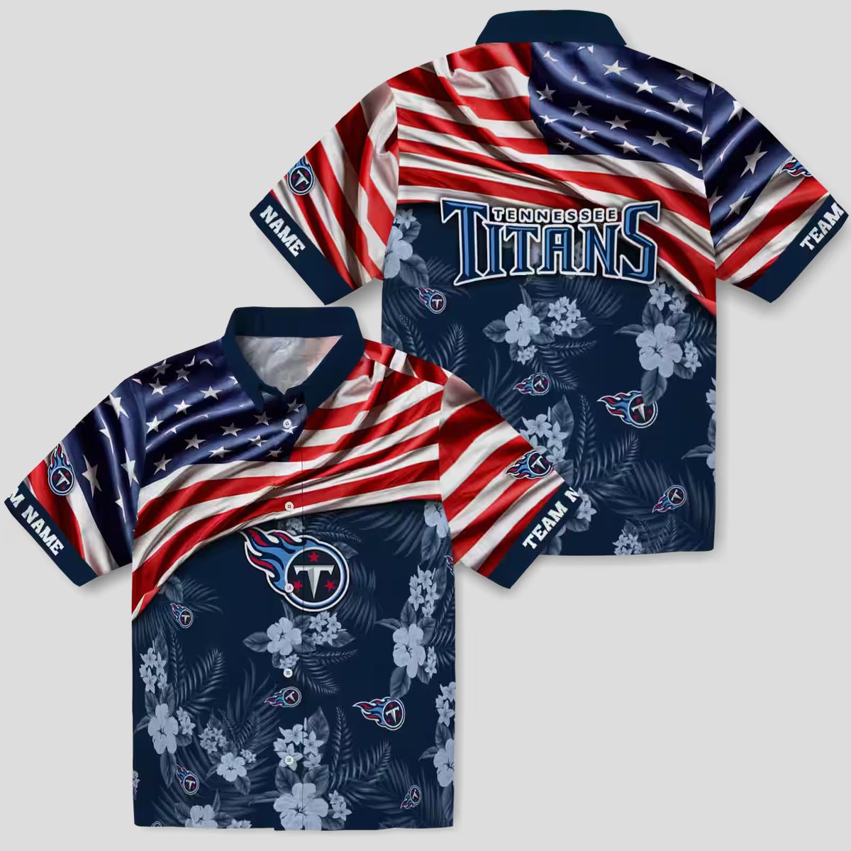 Custom Tennessee Titans Hawaiian Shirt with US Flag & Hibiscus for NFL Supporters