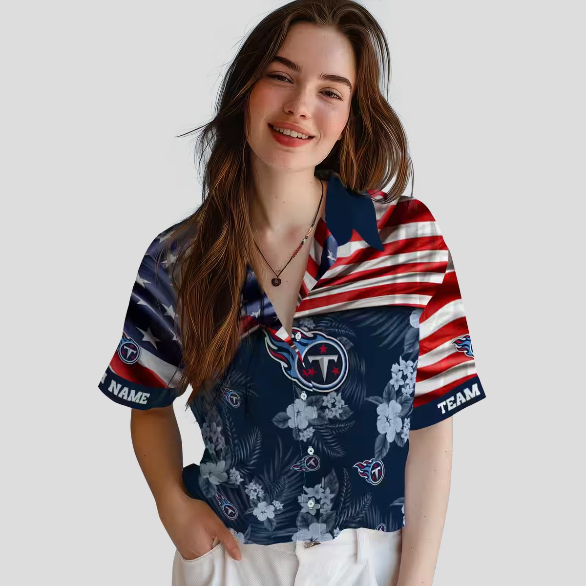 Custom Tennessee Titans Hawaiian Shirt with US Flag & Hibiscus for NFL Supporters