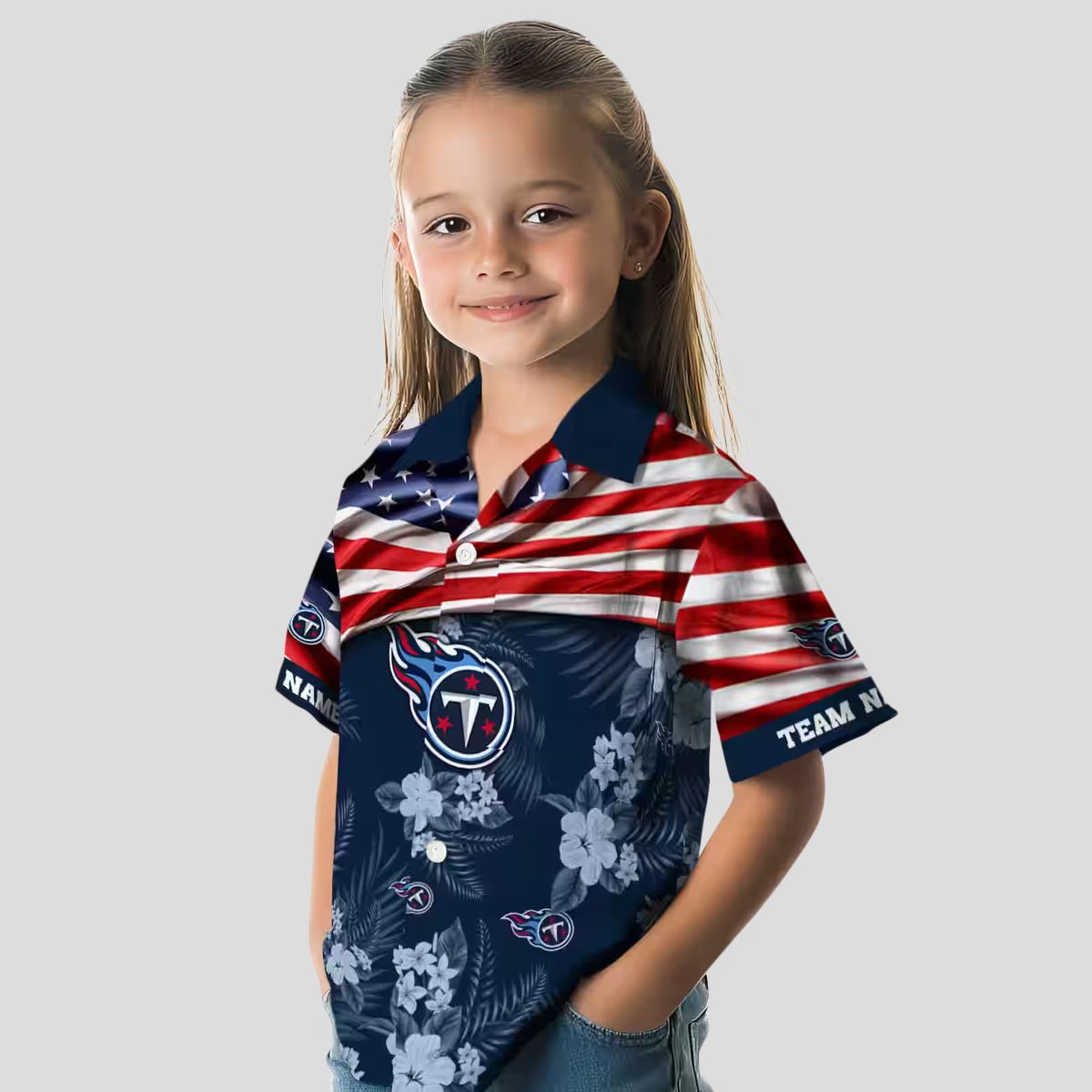Custom Tennessee Titans Hawaiian Shirt with US Flag & Hibiscus for NFL Supporters