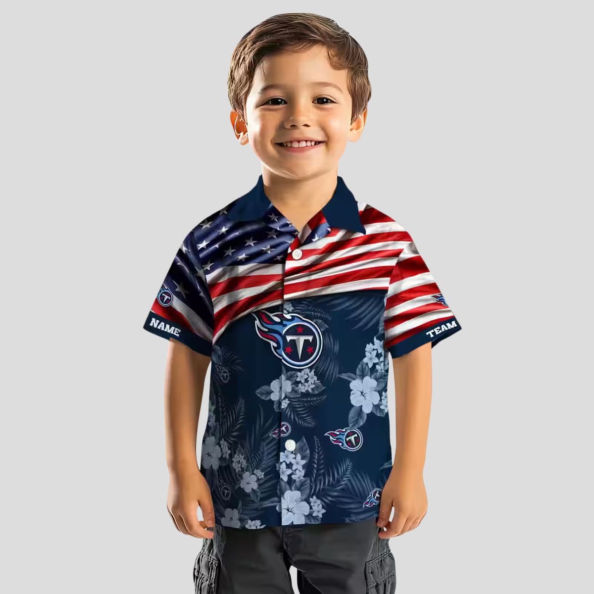 Custom Tennessee Titans Hawaiian Shirt with US Flag & Hibiscus for NFL Supporters