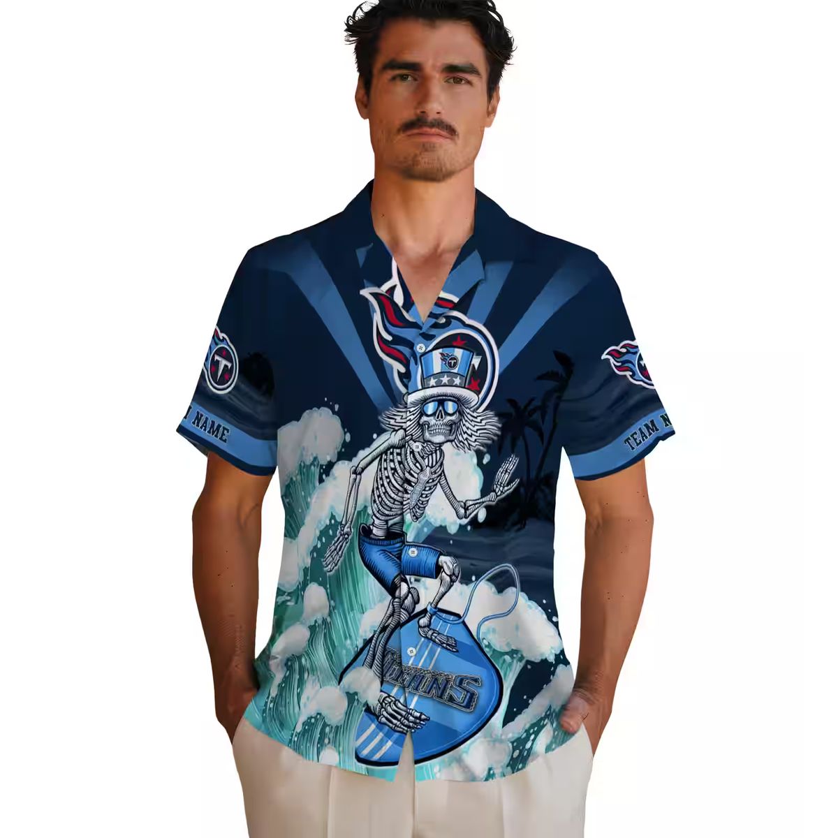 Custom Tennessee Titans Surfing Skeleton Hawaiian Shirt, Navy Blue Beach Shirt for Men