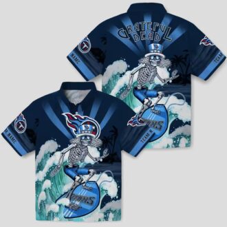 Custom Tennessee Titans Surfing Skeleton Hawaiian Shirt, Navy Blue Beach Shirt for Men