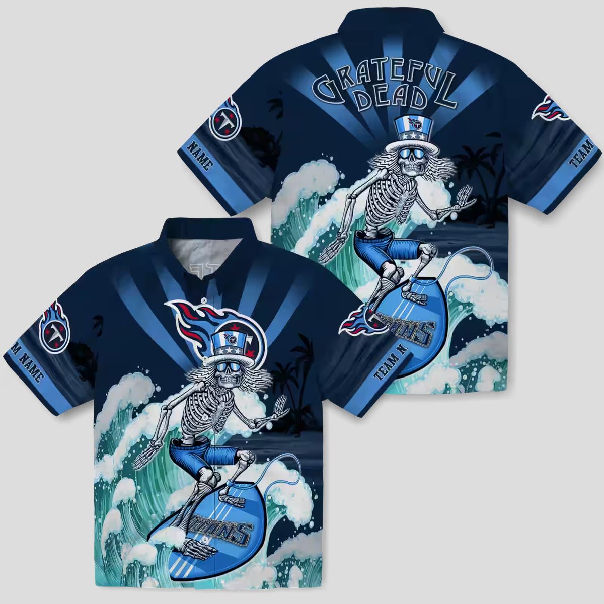 Custom Tennessee Titans Surfing Skeleton Hawaiian Shirt, Navy Blue Beach Shirt for Men
