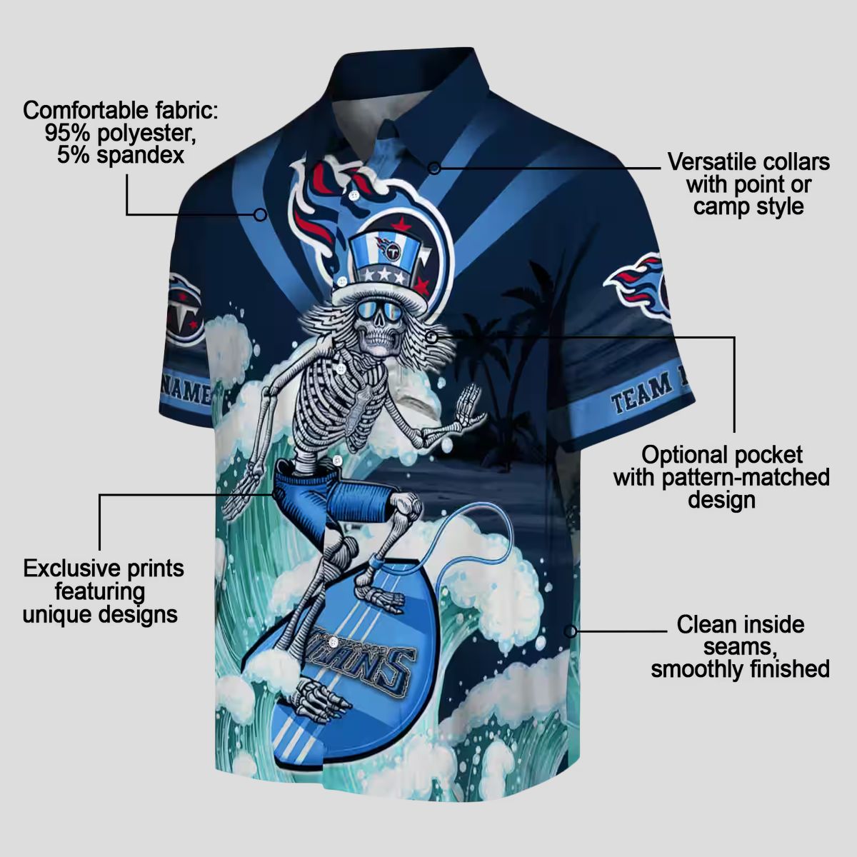 Custom Tennessee Titans Surfing Skeleton Hawaiian Shirt, Navy Blue Beach Shirt for Men