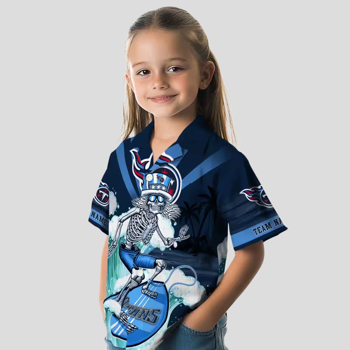 Custom Tennessee Titans Surfing Skeleton Hawaiian Shirt, Navy Blue Beach Shirt for Men