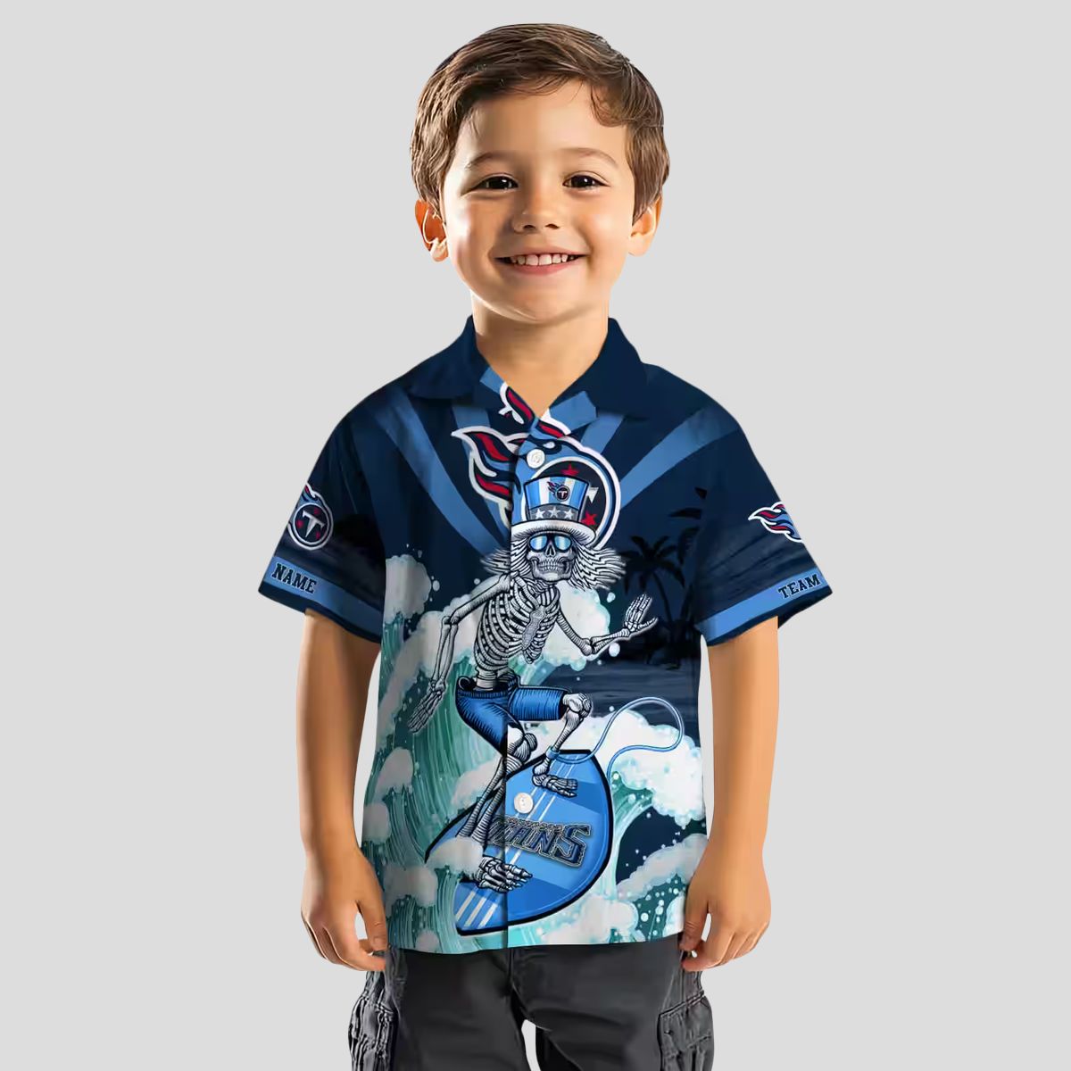 Custom Tennessee Titans Surfing Skeleton Hawaiian Shirt, Navy Blue Beach Shirt for Men
