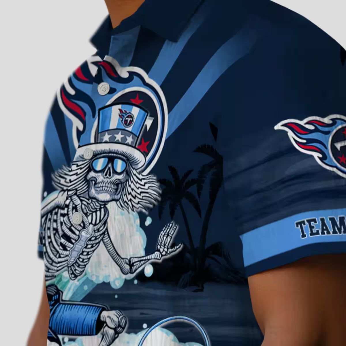 Custom Tennessee Titans Surfing Skeleton Hawaiian Shirt, Navy Blue Beach Shirt for Men