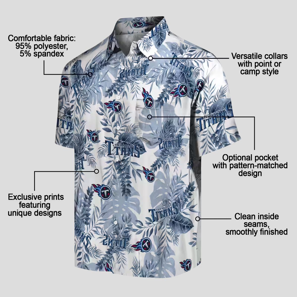 Exclusive Tennessee Titans Tropical Hawaiian Shirt, Navy White Leaves Design