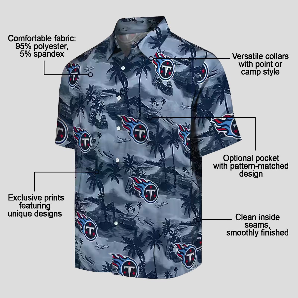 NFL Fans Tennessee Titans Hawaiian Shirt, Navy Coastal Palms for Summer Beach Vibes