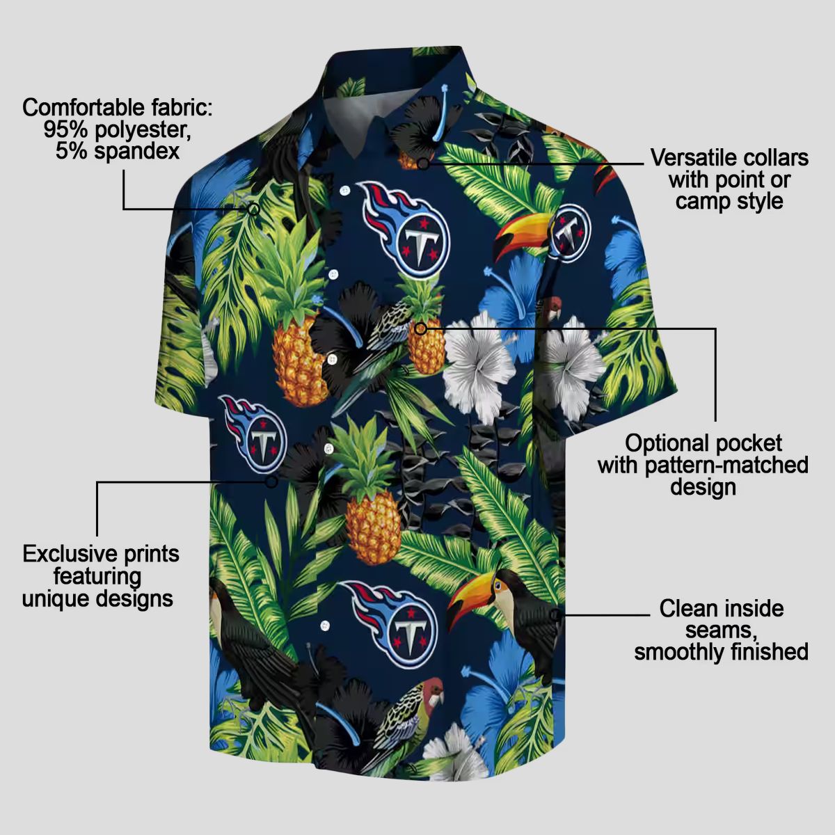 NFL Tennessee Titans Hawaiian Shirt, Toucan Hibiscus Pineapple Design for Summer Beach Fun