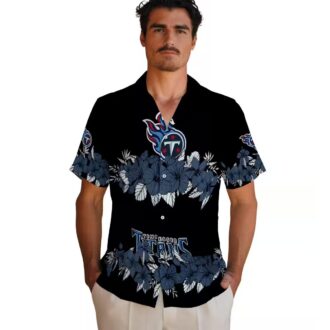 NFL Tennessee Titans Hibiscus Stripe Hawaiian Shirt, Black & Navy Beach Shirt for Fans