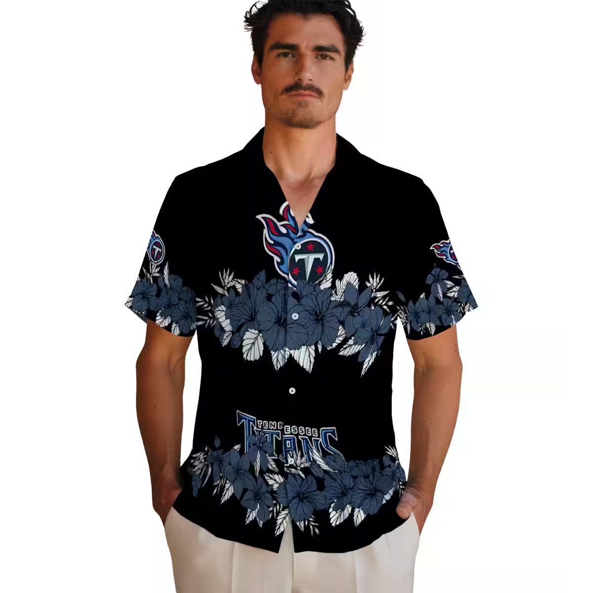 NFL Tennessee Titans Hibiscus Stripe Hawaiian Shirt, Black & Navy Beach Shirt for Fans