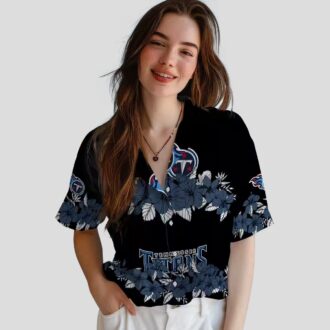 NFL Tennessee Titans Hibiscus Stripe Hawaiian Shirt, Black & Navy Beach Shirt for Fans