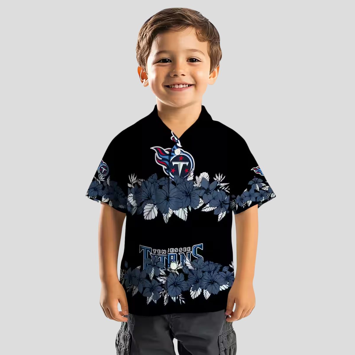 NFL Tennessee Titans Hibiscus Stripe Hawaiian Shirt, Black & Navy Beach Shirt for Fans