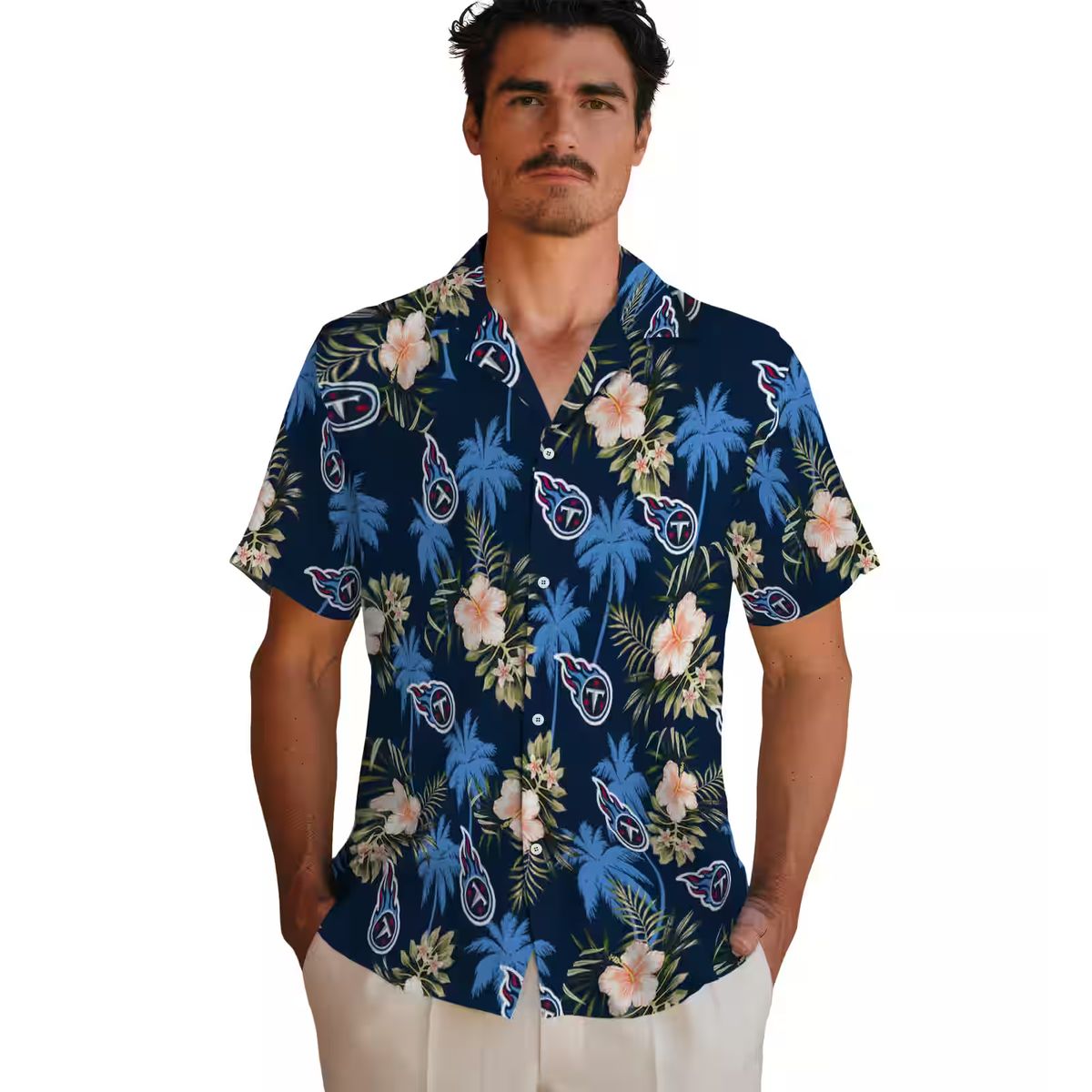 NFL Tennessee Titans Navy Hawaiian Shirt - Palm Tree & Flower Aloha Design