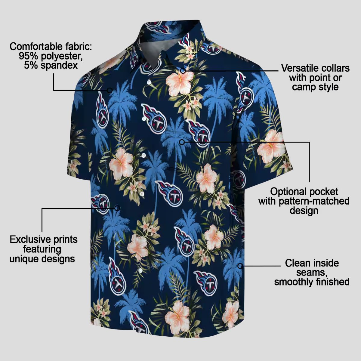 NFL Tennessee Titans Navy Hawaiian Shirt - Palm Tree & Flower Aloha Design