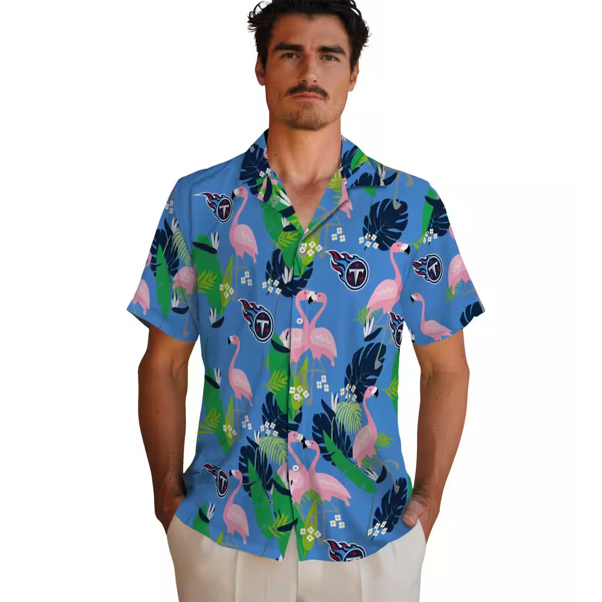 Tennessee Titans Flamingo Hawaiian Shirt, Navy Green Foliage Design for NFL Beach Lovers