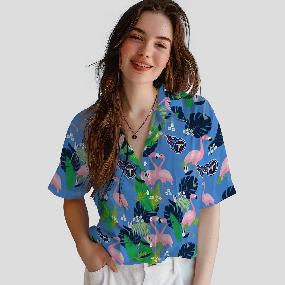 Tennessee Titans Flamingo Hawaiian Shirt, Navy Green Foliage Design for NFL Beach Lovers