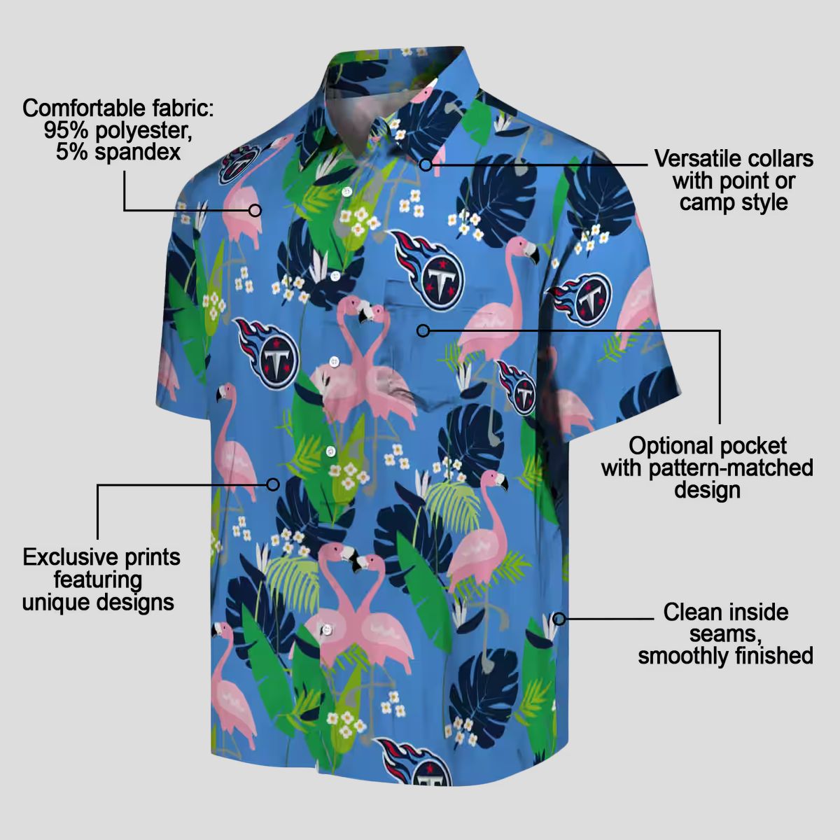 Tennessee Titans Flamingo Hawaiian Shirt, Navy Green Foliage Design for NFL Beach Lovers