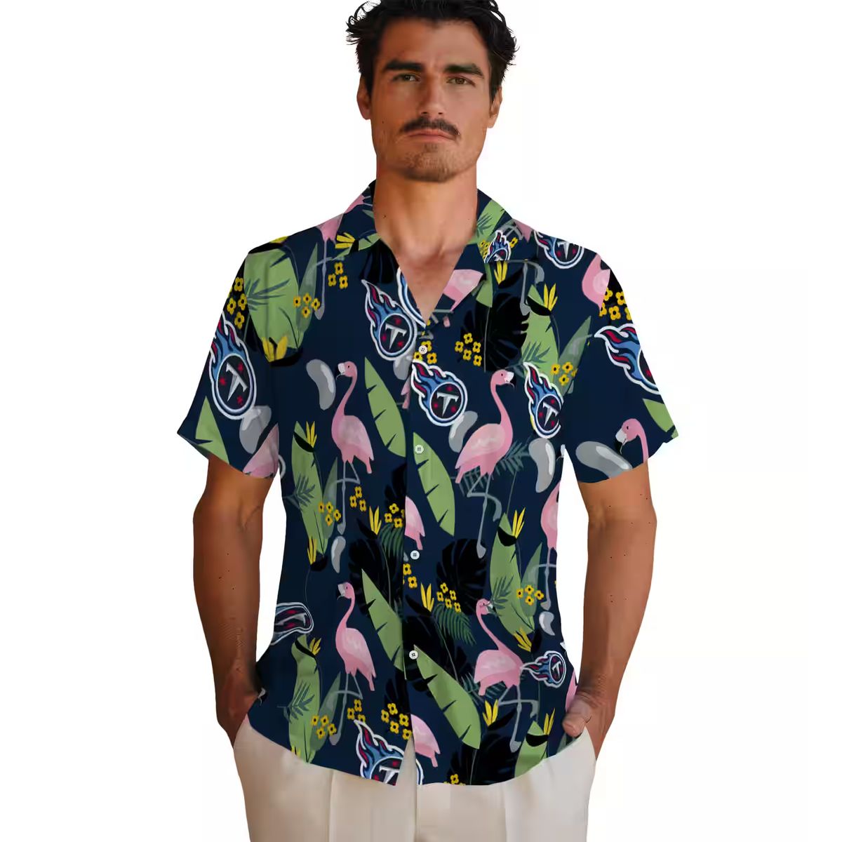Tennessee Titans Hawaiian Short Sleeve Shirt, Flamingo Leaves Navy Tropical Shirt for Fans