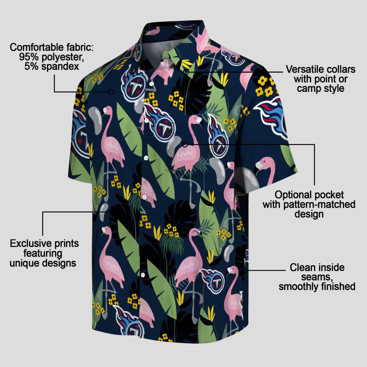 Tennessee Titans Hawaiian Short Sleeve Shirt, Flamingo Leaves Navy Tropical Shirt for Fans