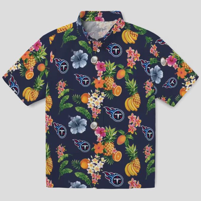 Tennessee Titans Hibiscus Fruit Hawaiian Shirt, Navy Blue Tropical Short Sleeve Shirt