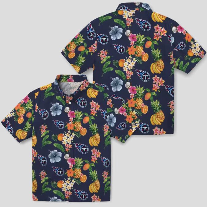 Tennessee Titans Hibiscus Fruit Hawaiian Shirt, Navy Blue Tropical Short Sleeve Shirt