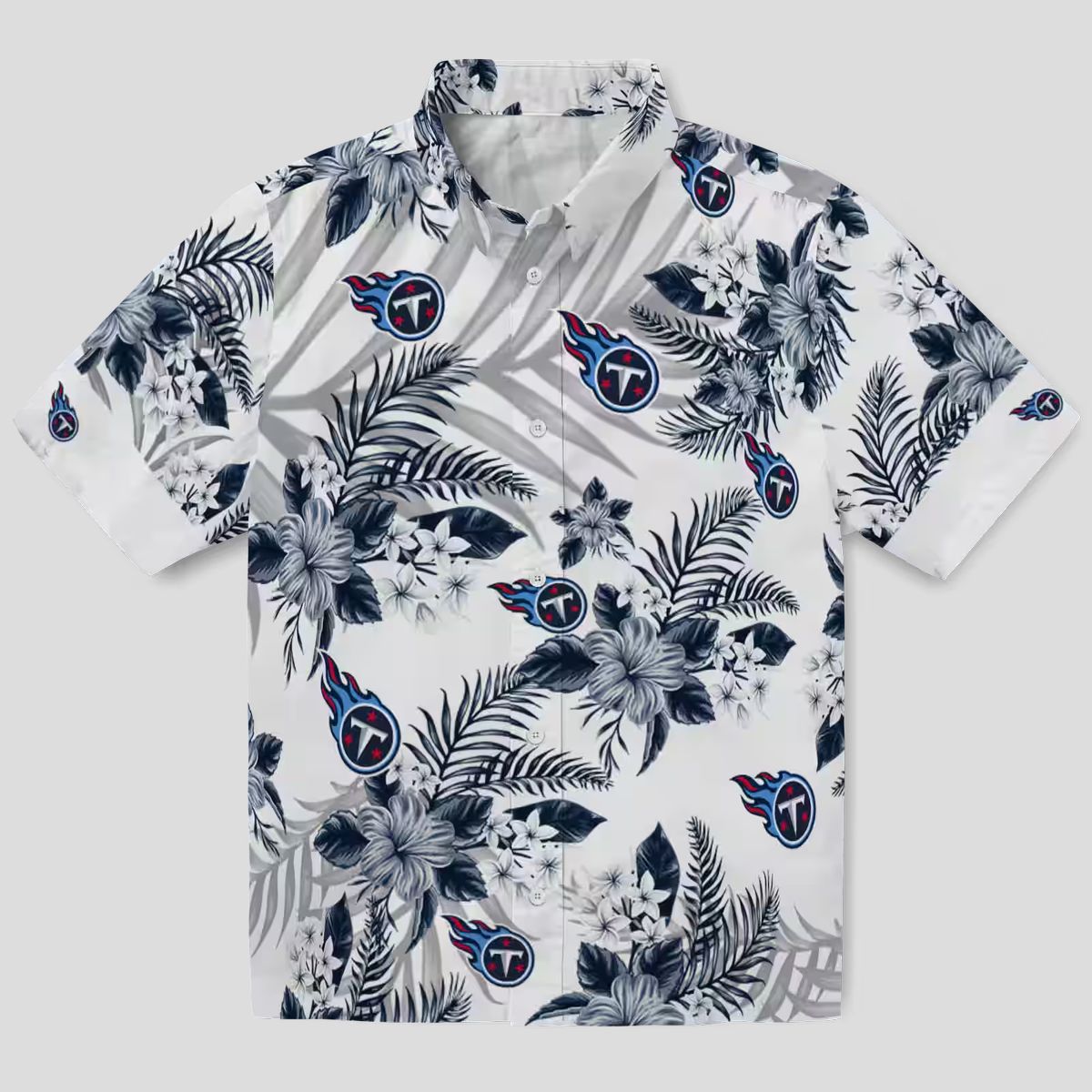 Tennessee Titans Hibiscus Hawaiian Shirt, Palm Leaves Navy White Design for NFL Fans USA