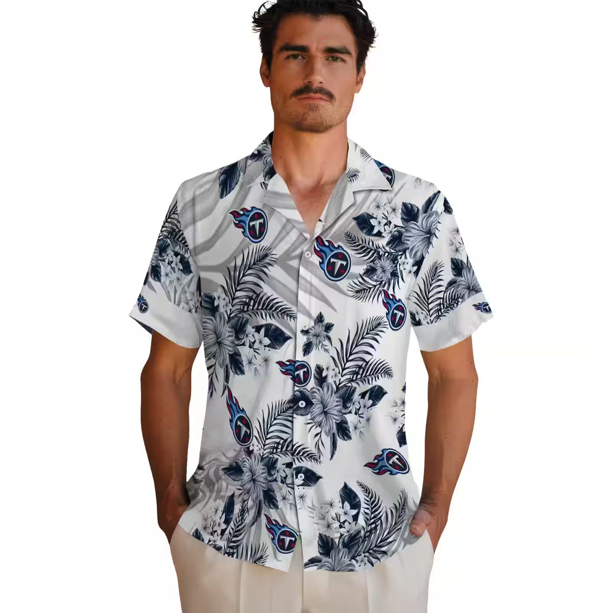 Tennessee Titans Hibiscus Hawaiian Shirt, Palm Leaves Navy White Design for NFL Fans USA