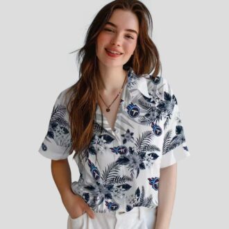 Tennessee Titans Hibiscus Hawaiian Shirt, Palm Leaves Navy White Design for NFL Fans USA