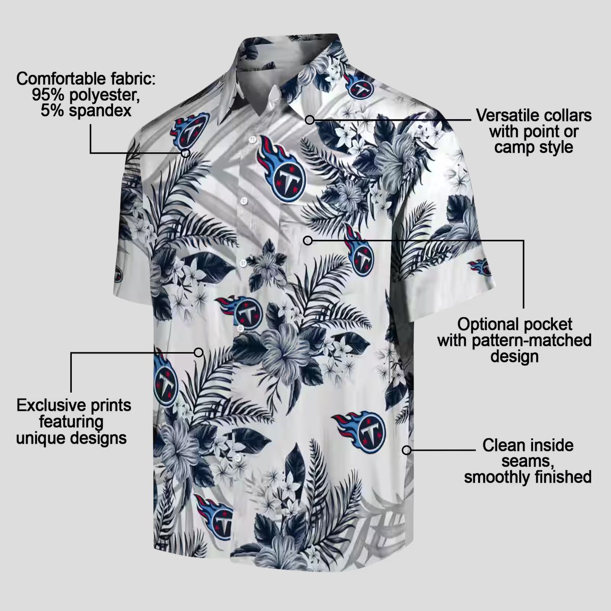 Tennessee Titans Hibiscus Hawaiian Shirt, Palm Leaves Navy White Design for NFL Fans USA
