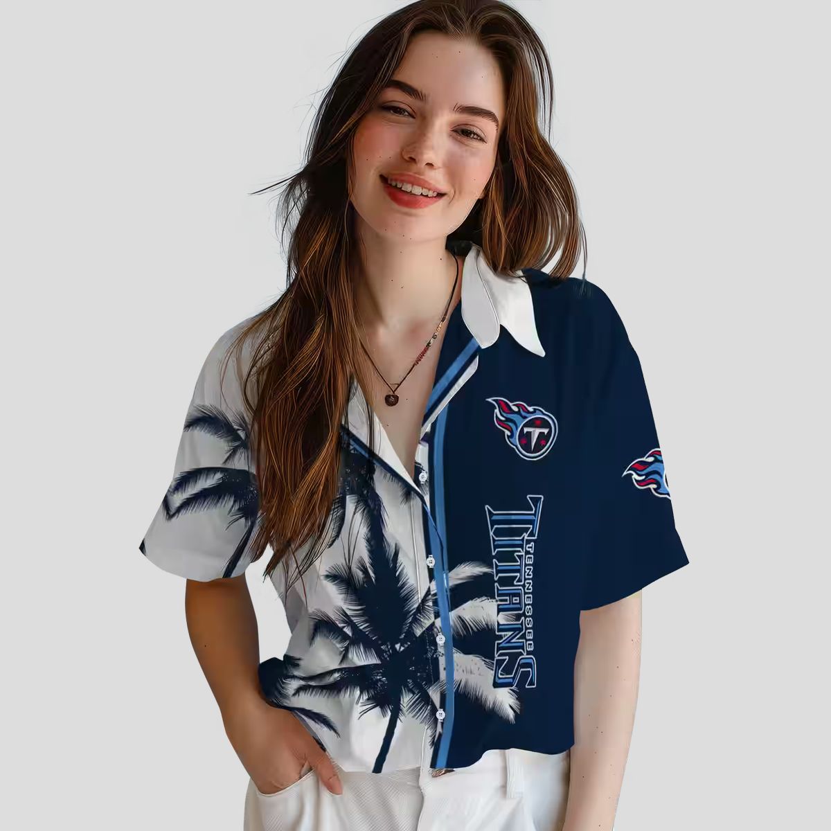 Tennessee Titans Navy White Hawaiian Shirt, Tropical Palm Tree Design for Summer NFL Fans