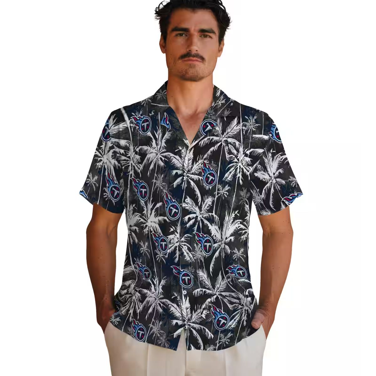 Tennessee Titans Palm Pattern Hawaiian Shirt, Navy and Black Tropical Design for NFL Fans