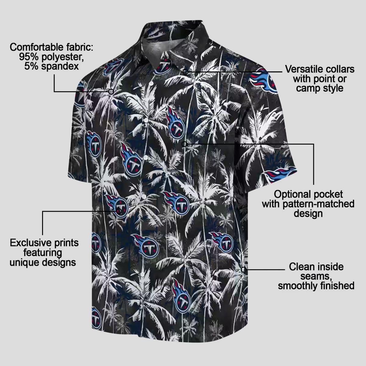 Tennessee Titans Palm Pattern Hawaiian Shirt, Navy and Black Tropical Design for NFL Fans