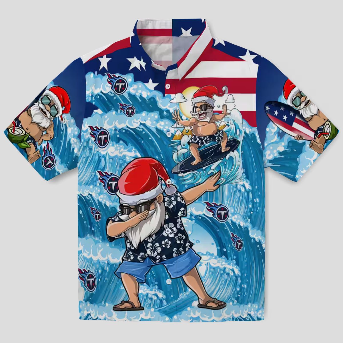 Tennessee Titans Surfing Santa Blue Hawaiian Shirt, NFL Fan Holiday Apparel