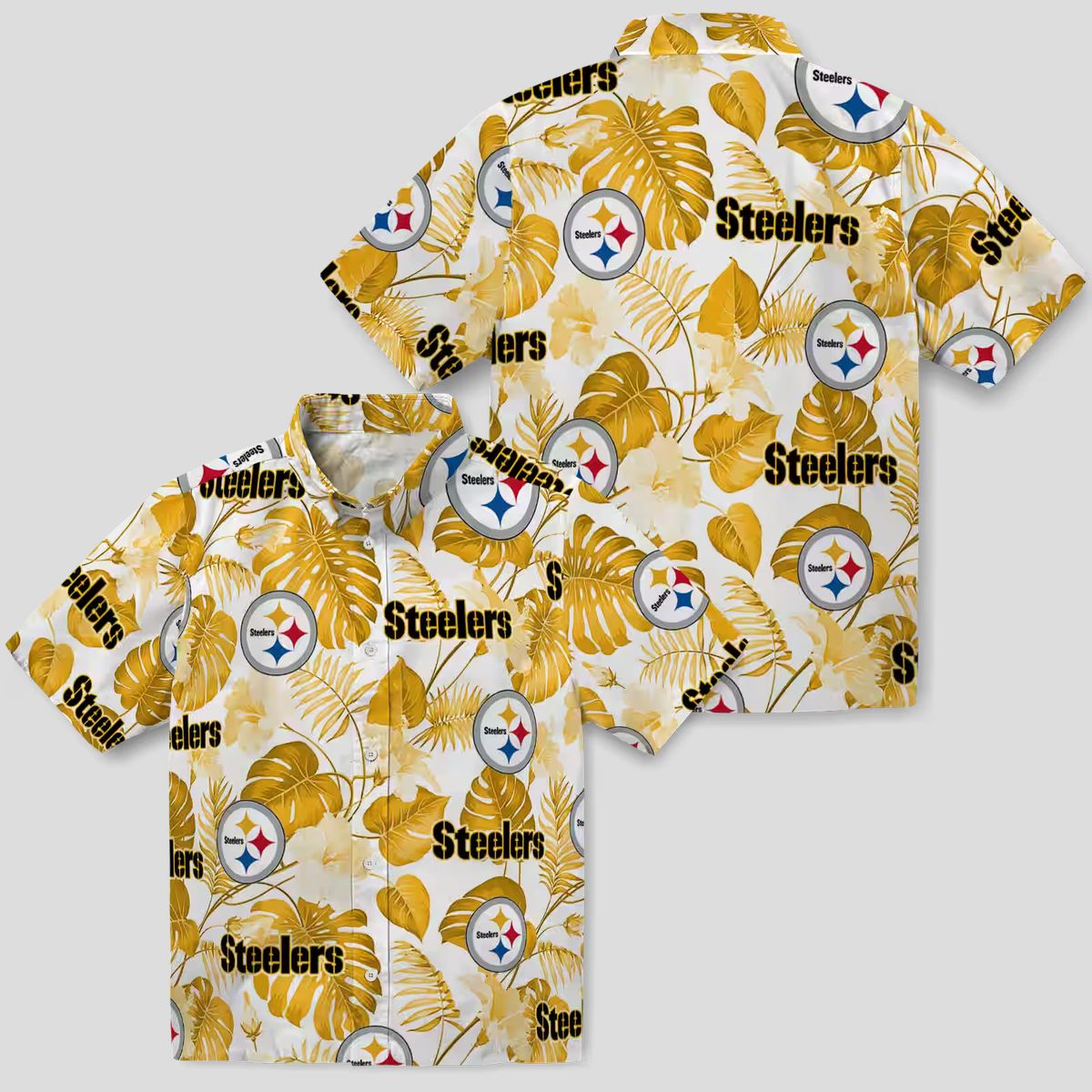 Best Pittsburgh Steelers Hawaiian Shirt - Tropical Plants Design in Gold & White