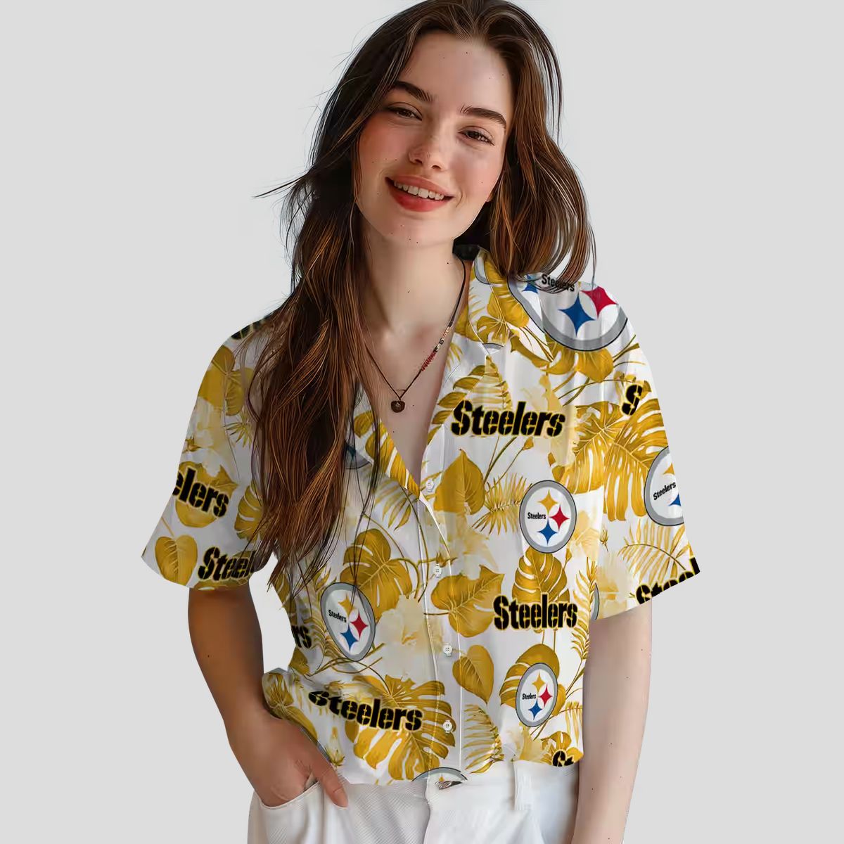 Best Pittsburgh Steelers Hawaiian Shirt - Tropical Plants Design in Gold & White