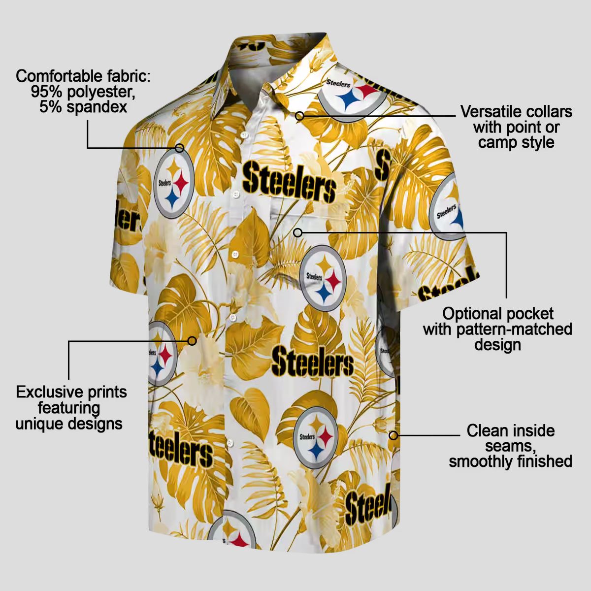 Best Pittsburgh Steelers Hawaiian Shirt - Tropical Plants Design in Gold & White
