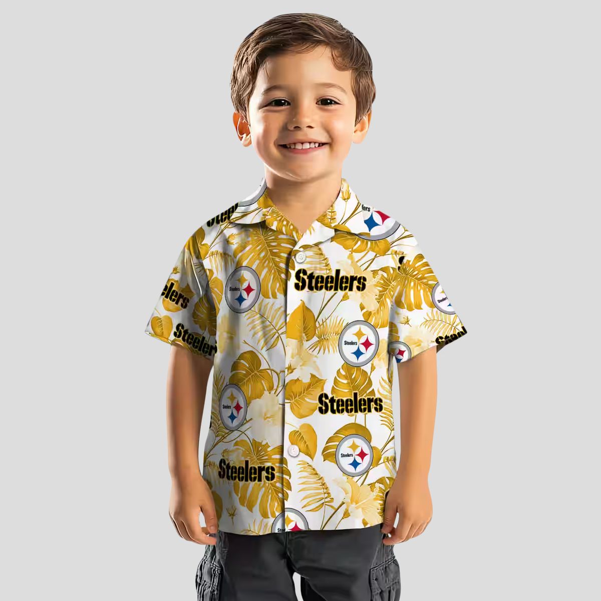 Best Pittsburgh Steelers Hawaiian Shirt - Tropical Plants Design in Gold & White