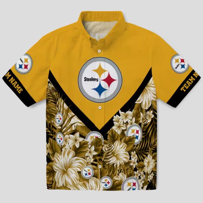 Custom Pittsburgh Steelers Aloha Shirt, Gold Chevron Floral NFL Hawaiian Shirt