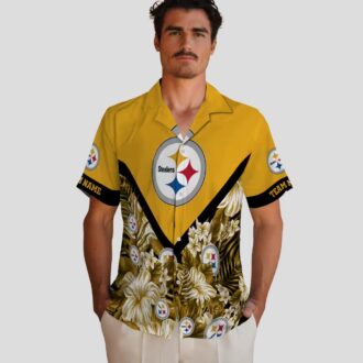 Custom Pittsburgh Steelers Aloha Shirt, Gold Chevron Floral NFL Hawaiian Shirt