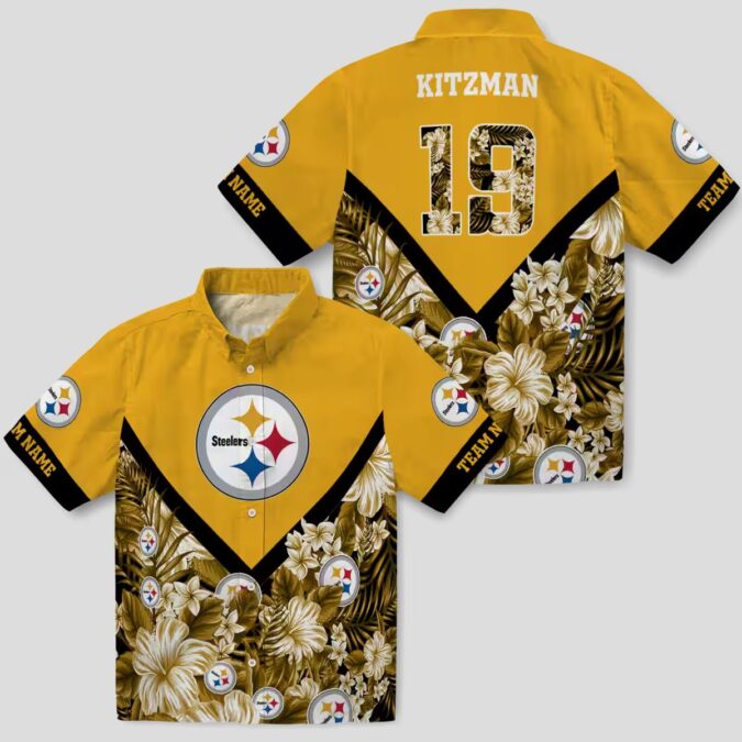 Custom Pittsburgh Steelers Aloha Shirt, Gold Chevron Floral NFL Hawaiian Shirt