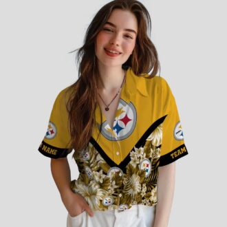 Custom Pittsburgh Steelers Aloha Shirt, Gold Chevron Floral NFL Hawaiian Shirt