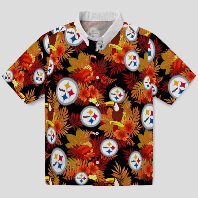 Gold Red Pittsburgh Steelers Hawaiian Shirt, Floral Toucan Aloha Button Up Shirt