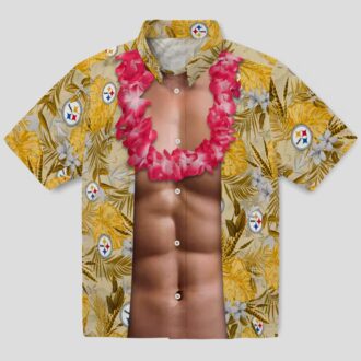 NFL Fans Steelers Chest Illusion Hawaiian Shirt, Gold Tropical Game Day Outfit